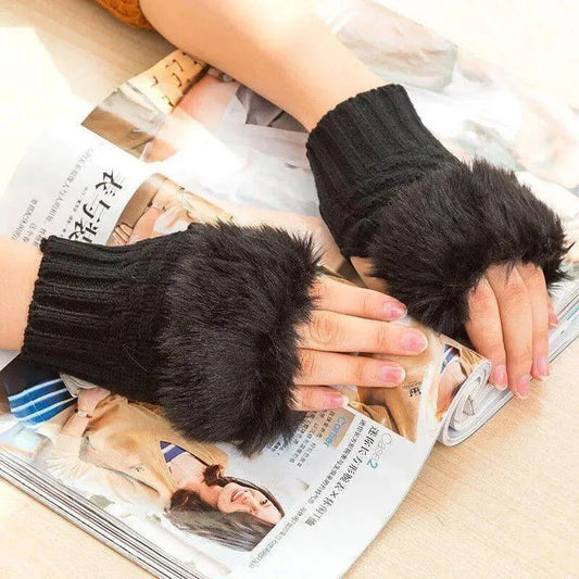 Black Wool Fingerless Gloves for Women Winter Warmth