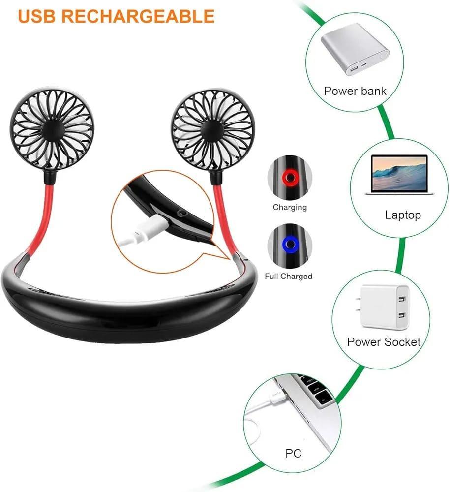 Neck Fan Dual Cooling Black Red Adjustable