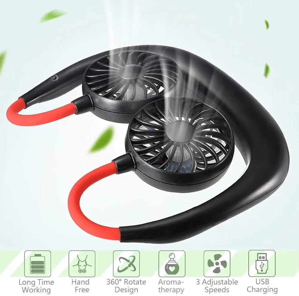 Neck Fan Dual Cooling Black Red Adjustable