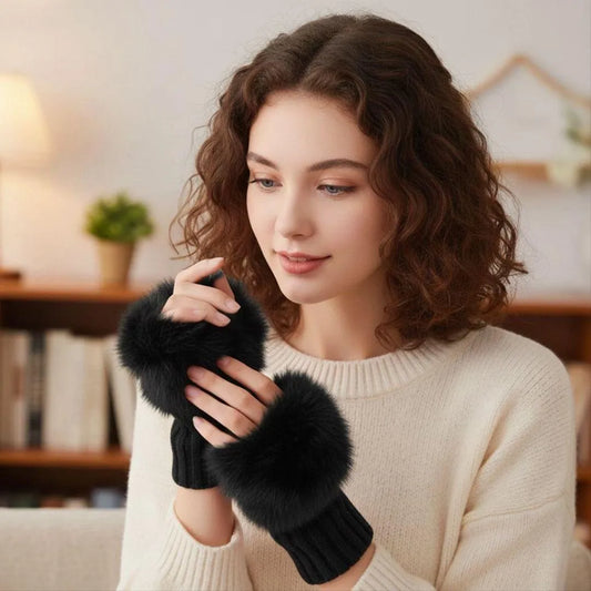 Black Wool Fingerless Gloves for Women Winter Warmth
