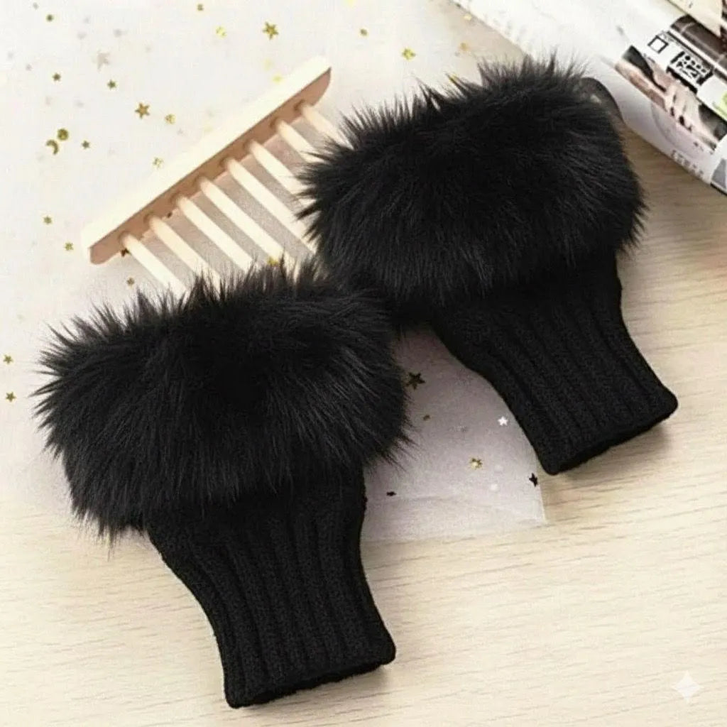 Black Wool Fingerless Gloves for Women Winter Warmth