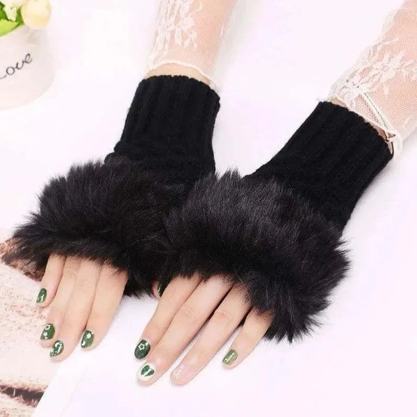 Black Wool Fingerless Gloves for Women Winter Warmth