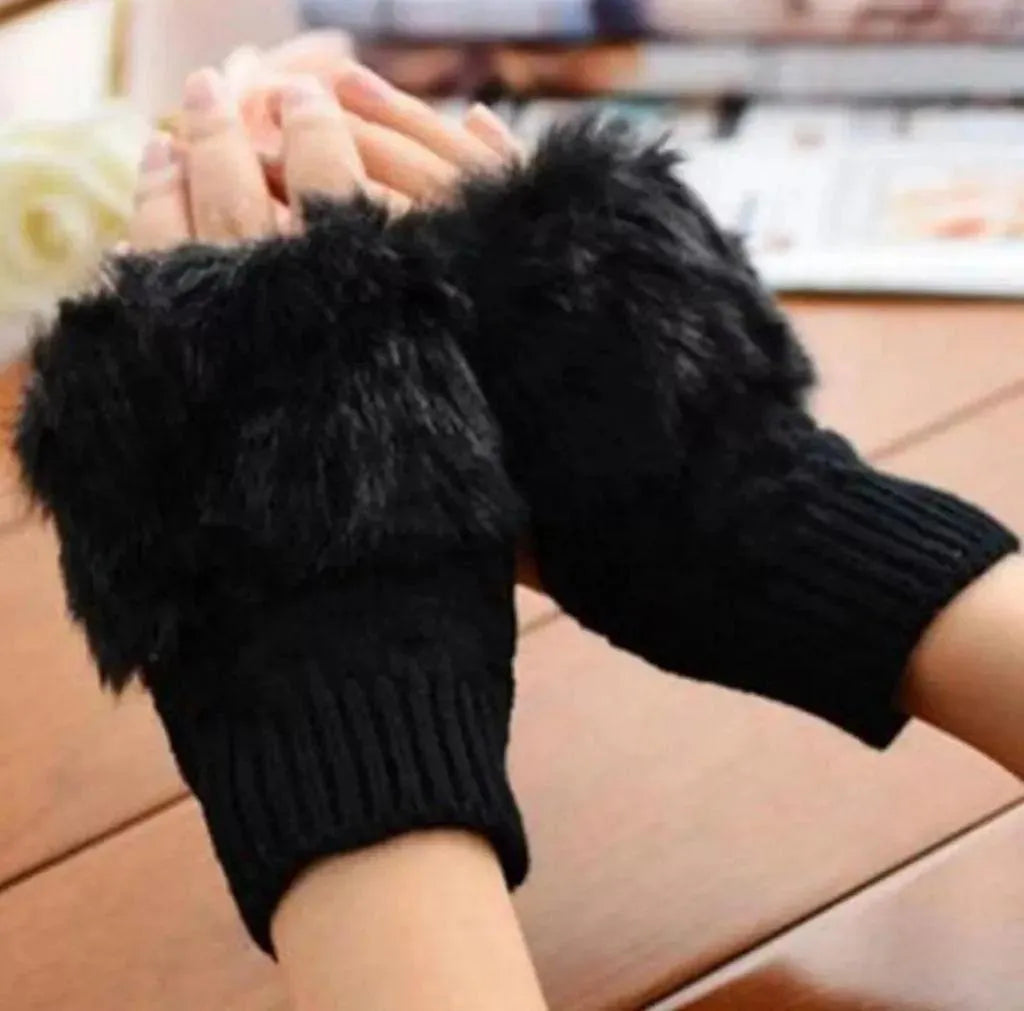 Black Wool Fingerless Gloves for Women Winter Warmth