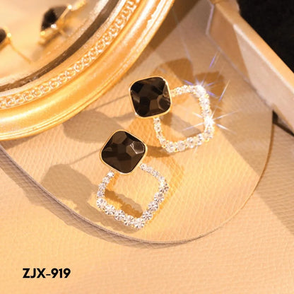 Black Square Stone Earrings with Crystal Halo for Women