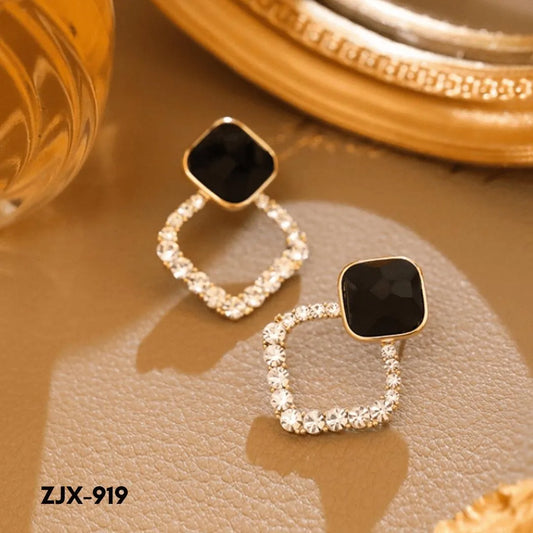 Black Square Stone Earrings with Crystal Halo for Women