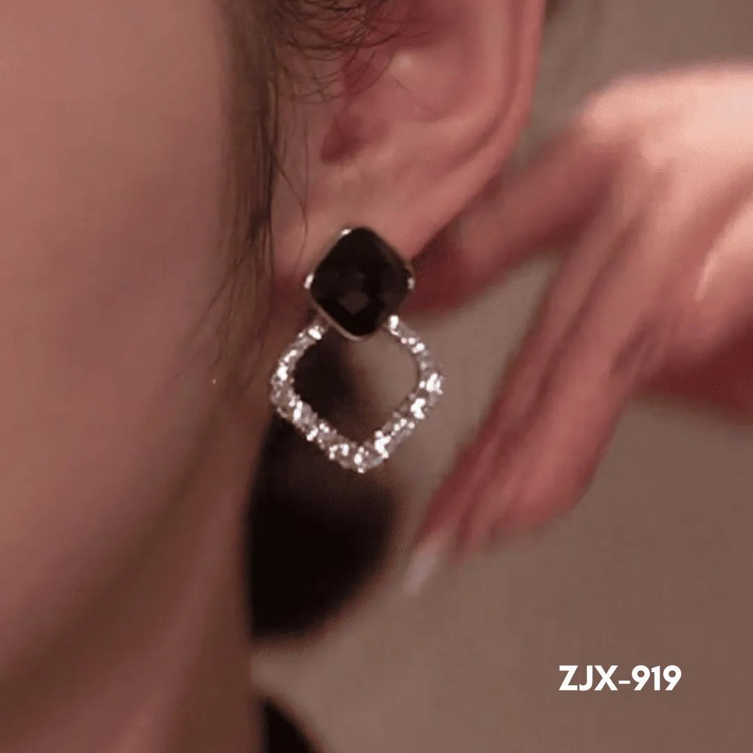 Black Square Stone Earrings with Crystal Halo for Women