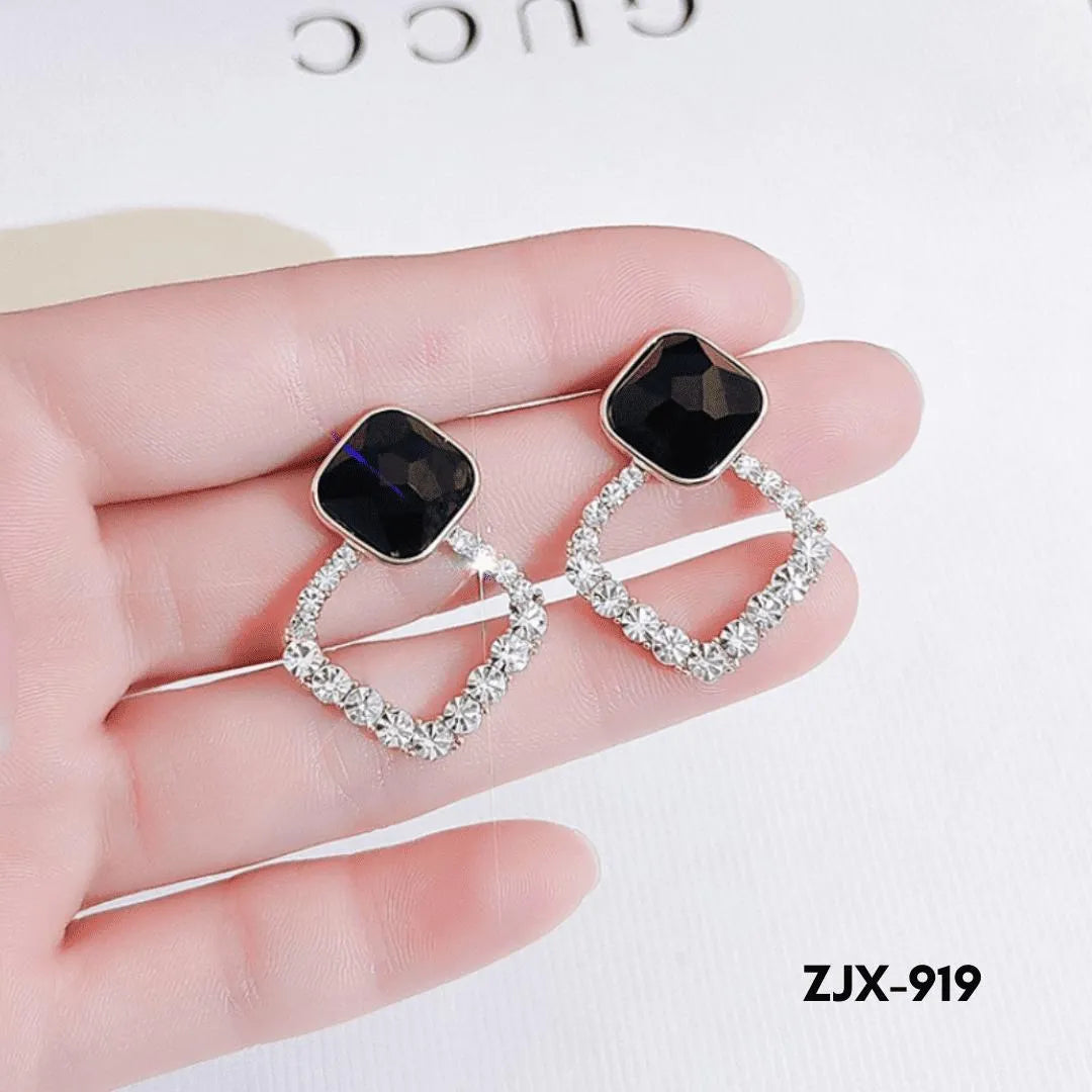 Black Square Stone Earrings with Crystal Halo for Women