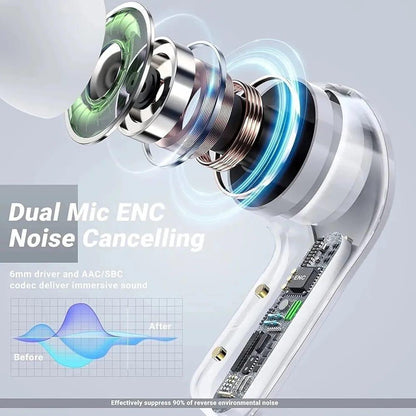 Wireless Noise-Cancelling Earbuds Black Transparent Bluetooth 5.3
